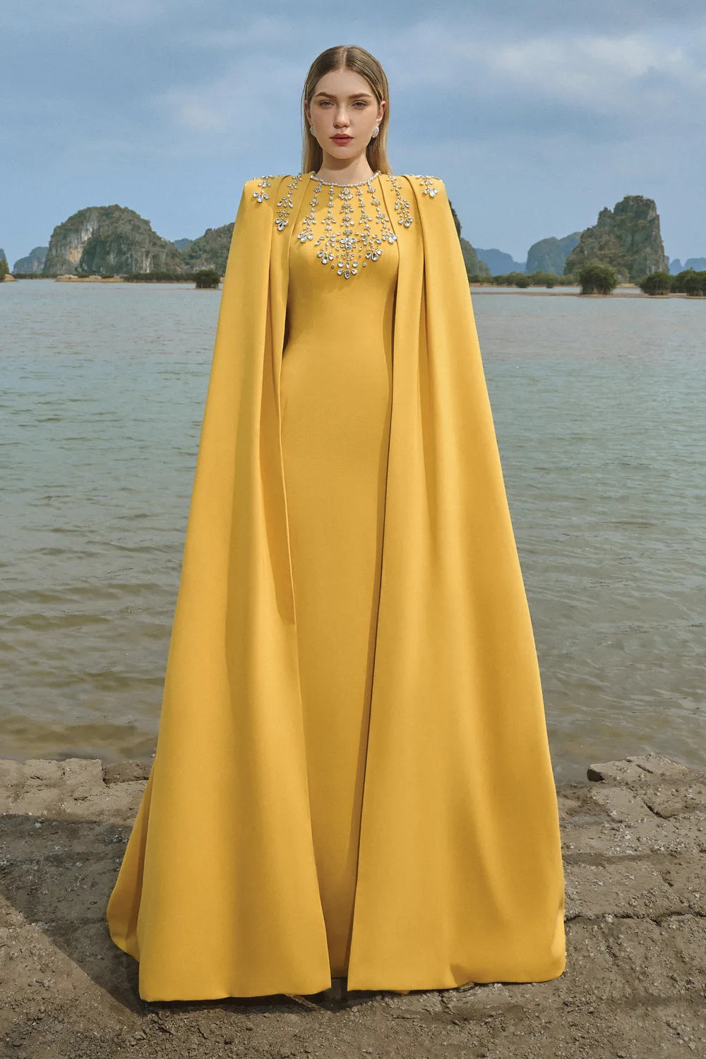 Stone Embellished Cape And Bodycon Dress Set - TRACY COUTURE